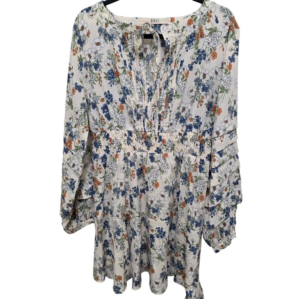 BNCI Women's L Floral Long Sleeve Cattage core Boho Mini Dress Pintuck Detail &